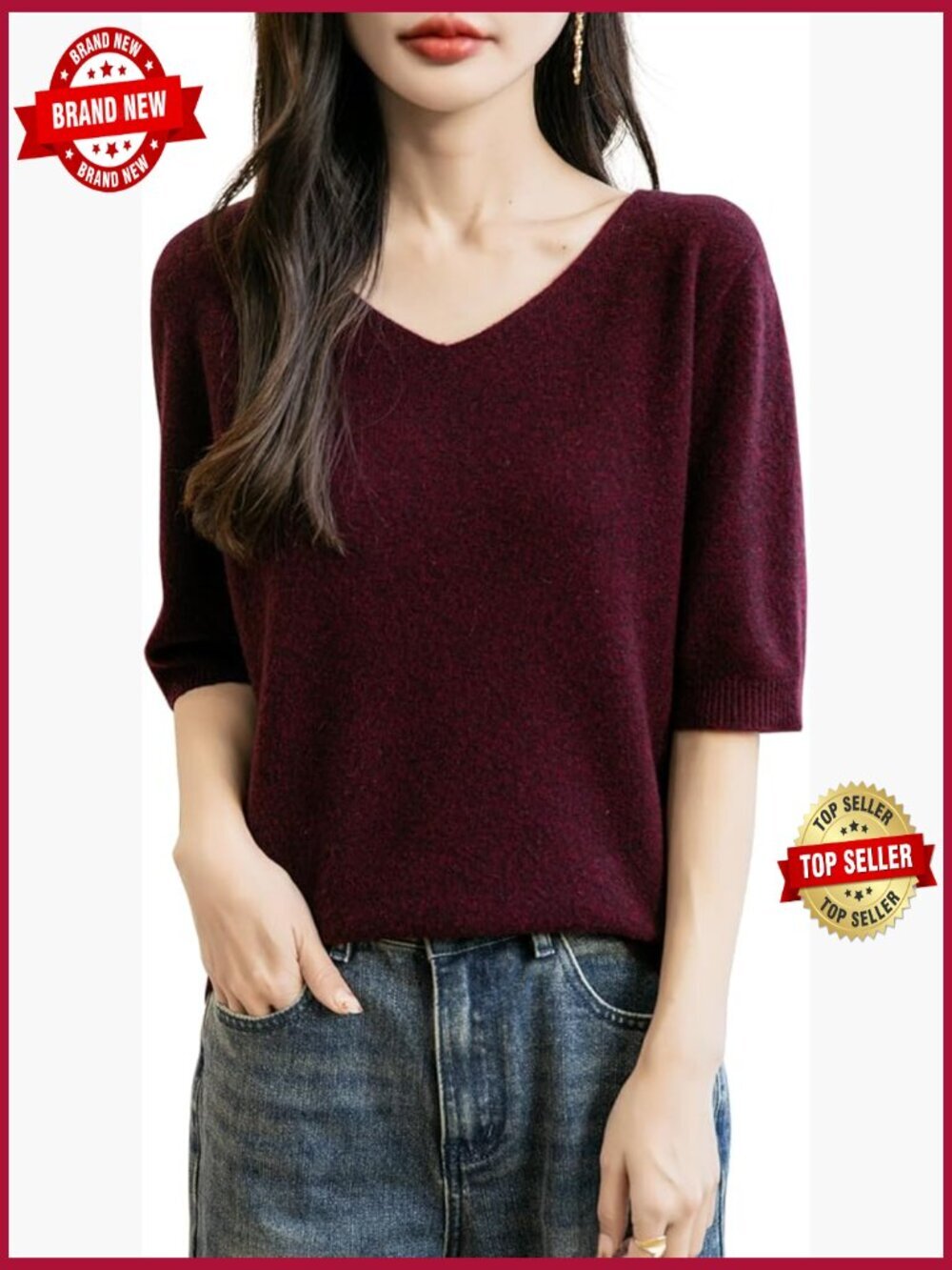V-Neck 100% Merino Wool Seamless Knit Short Sleeve Sweater